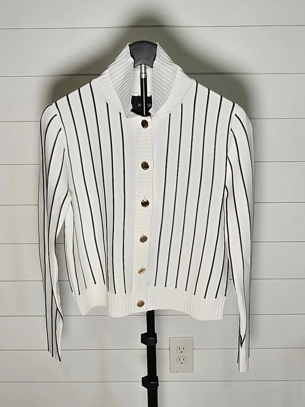 NWT Aleeza Paris White w Black Stripes Knit Cardigan S - Picture 3 of 6